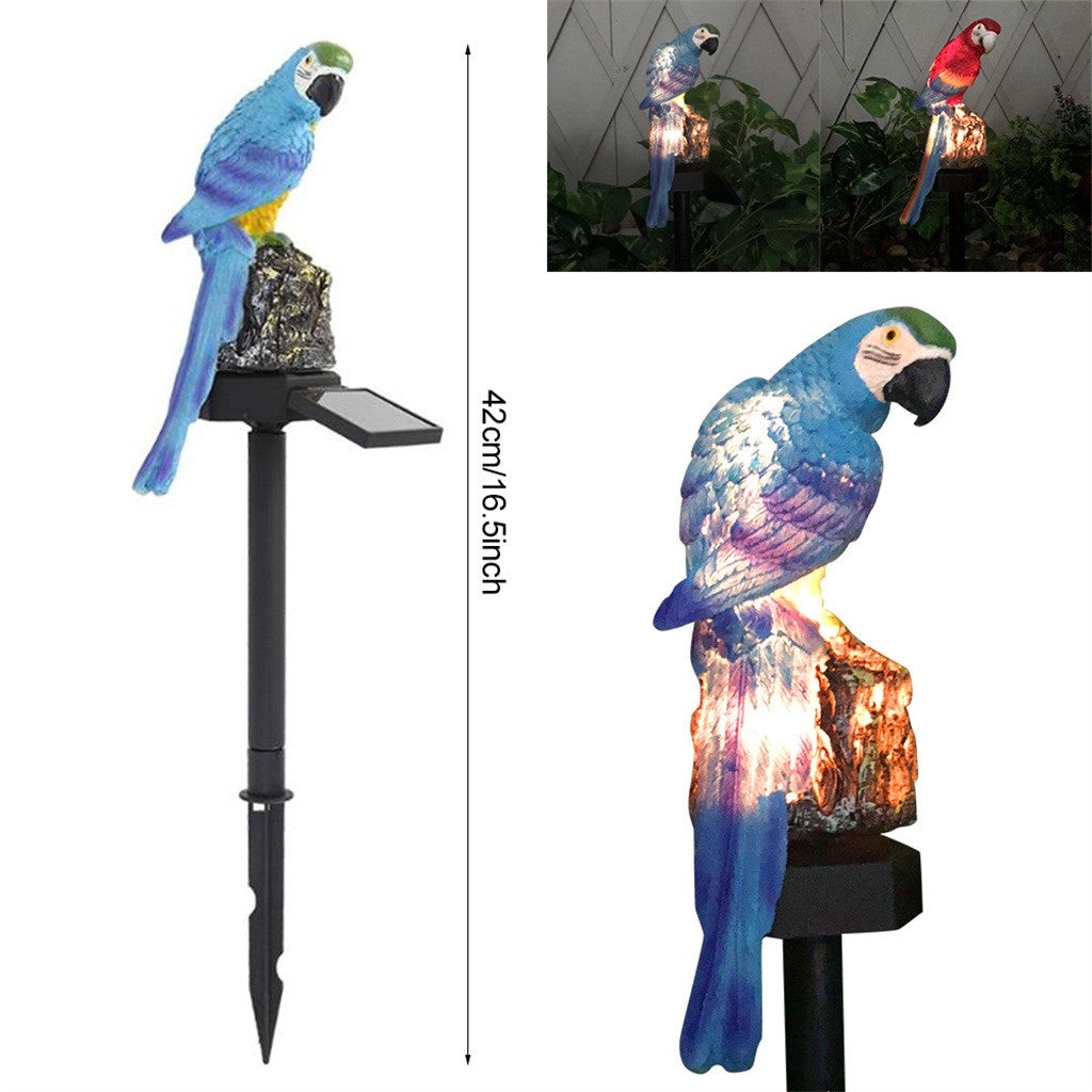 Solar-powered parrot light with decorative elements on a white background