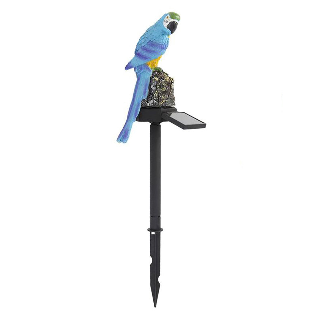 Solar-powered parrot decoration on a white background
