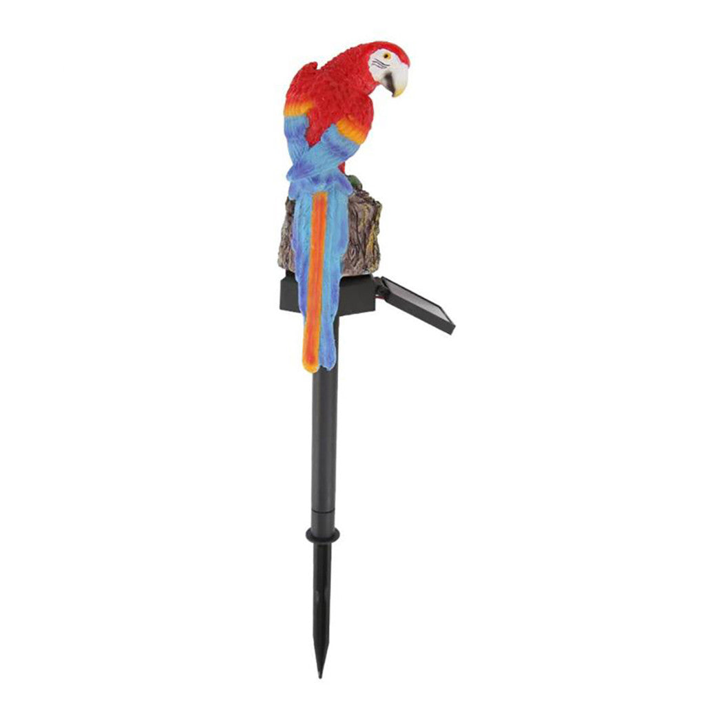 Colorful parrot-shaped garden stake on a white background