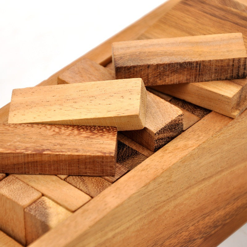 Wooden blocks with a puzzle-like arrangement on a white background