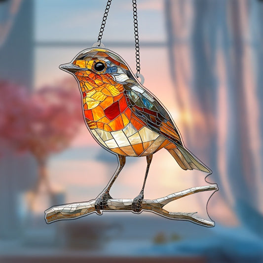 Stained glass bird on a branch with a blurred background