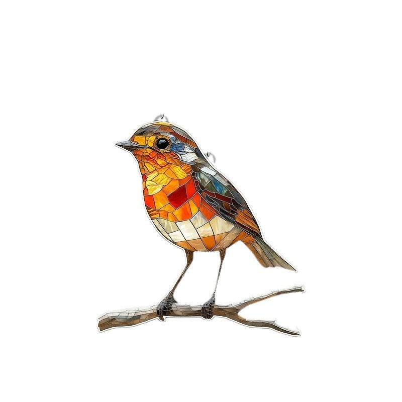 Stained glass bird sculpture on a branch against a white background