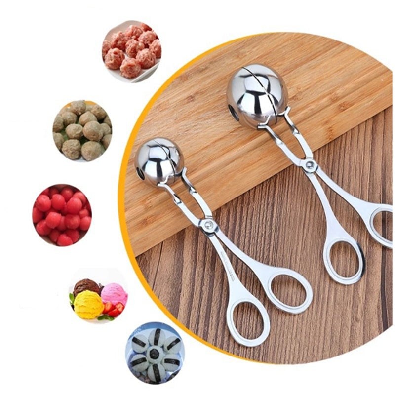 Two metal ball-shaped tools on a wooden surface with insets showing their use.