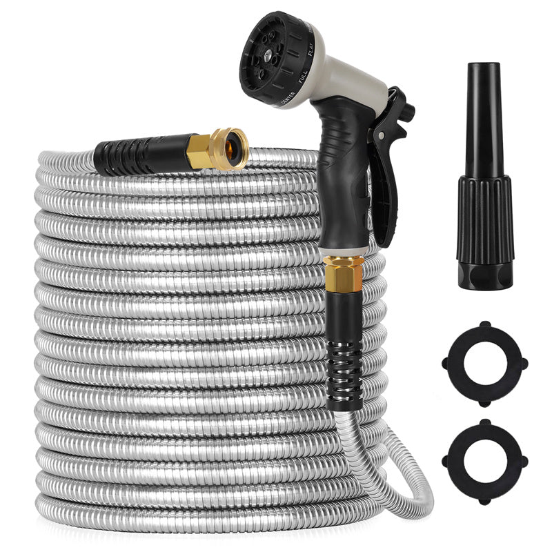Garden hose with spray nozzle and connectors on a white background