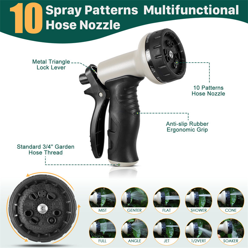 Multifunctional hose nozzle with spray patterns on a white background