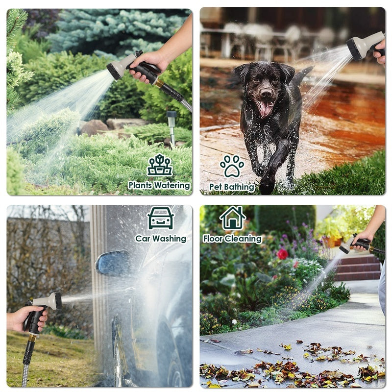 Collage of a garden hose being used for watering plants, pet bathing, car washing, and floor cleaning.