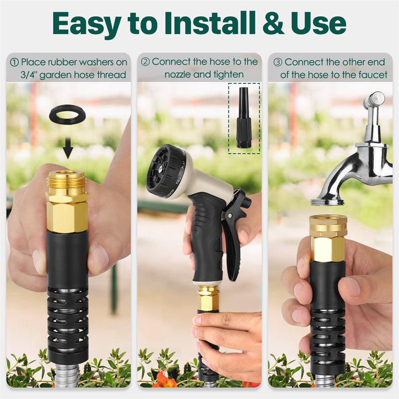 Step-by-step guide on how to install and use a garden hose nozzle with text 'Easy to Install & Use'.