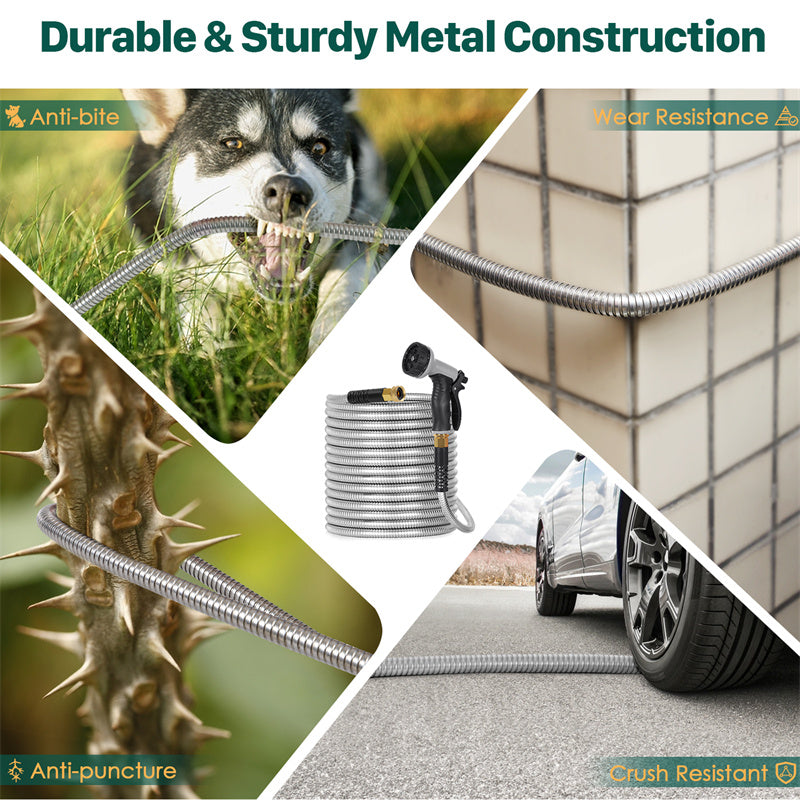 Collage of a durable metal hose with various uses and features highlighted.
