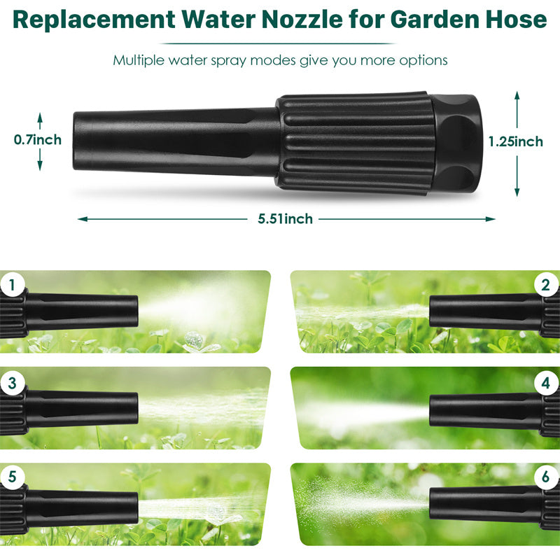 Replacement water nozzle for garden hose with spray modes and dimensions shown.