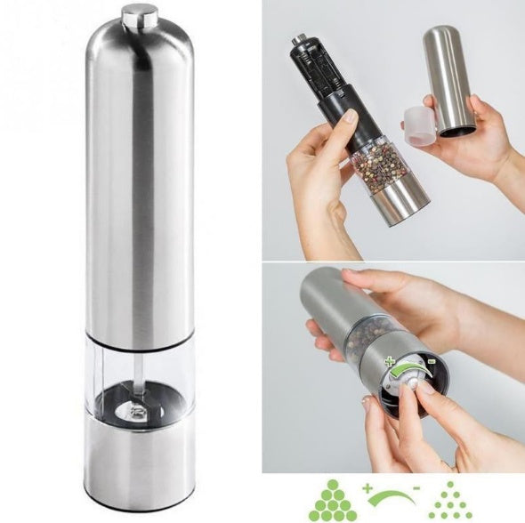 Silver electric pepper grinder with close-up shots of use on a light gray background