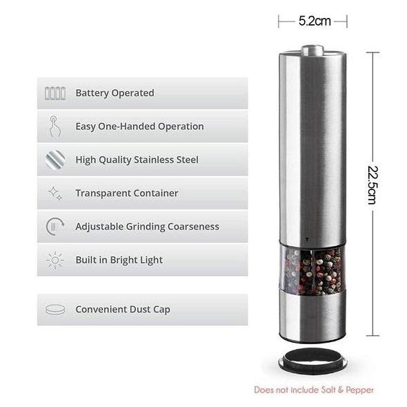 Electric pepper grinder with features listed on a white background