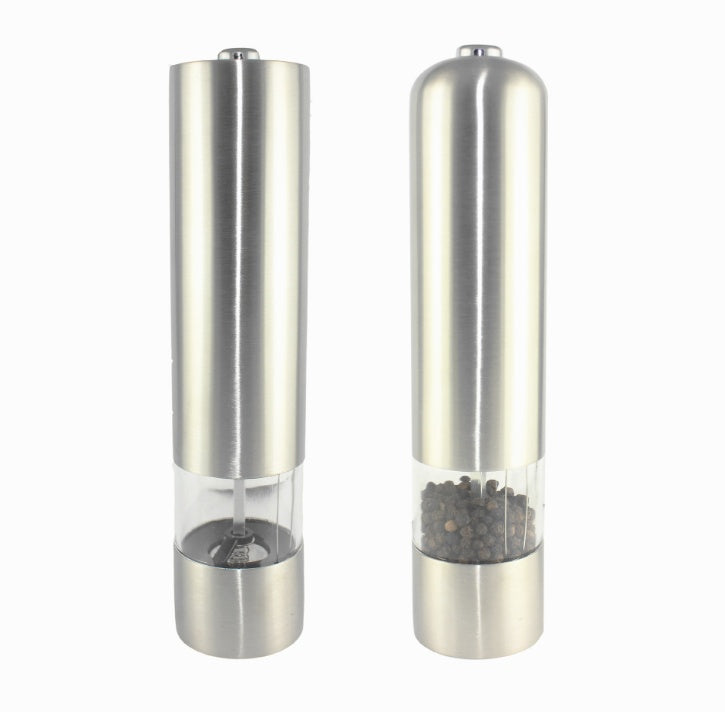 Two stainless steel salt and pepper shakers on a white background
