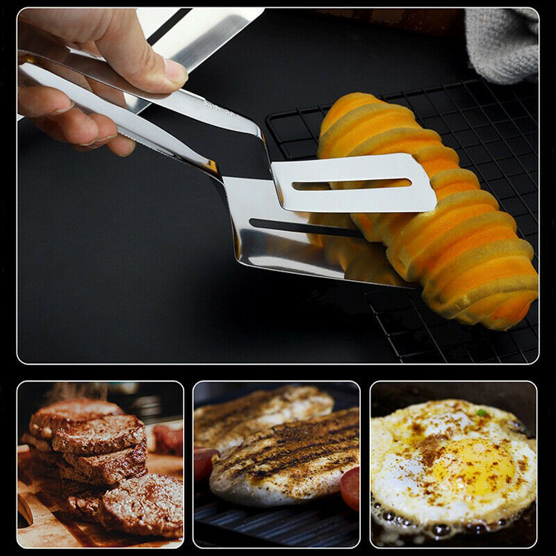 Metal spatula being used on a stack of pancakes, with additional images of food preparation.