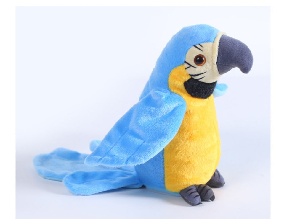 Plush toy parrot with blue and yellow colors on a white background