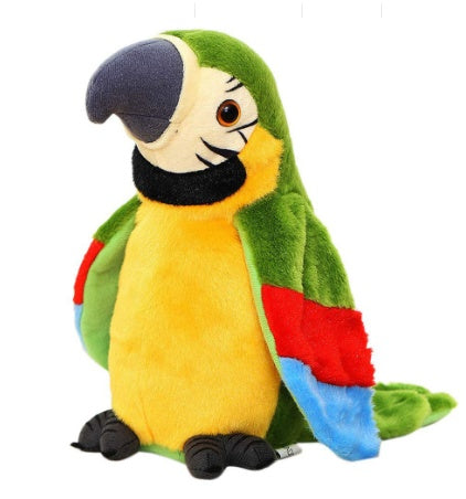Colorful parrot plush toy on a white background