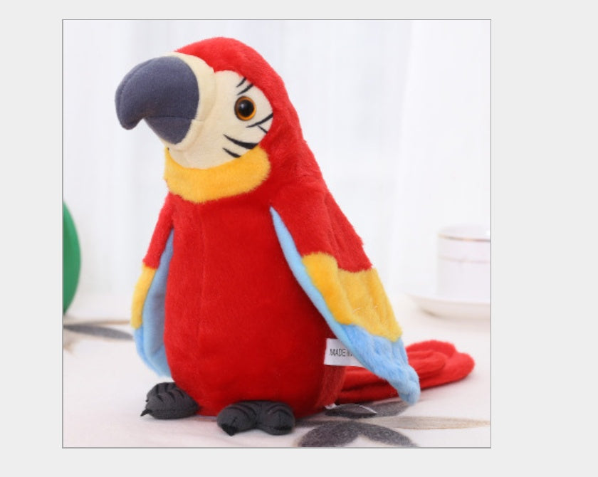 Stuffed parrot toy with red, yellow, and blue colors on a light background