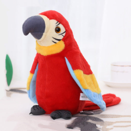 Red parrot plush toy on a white background