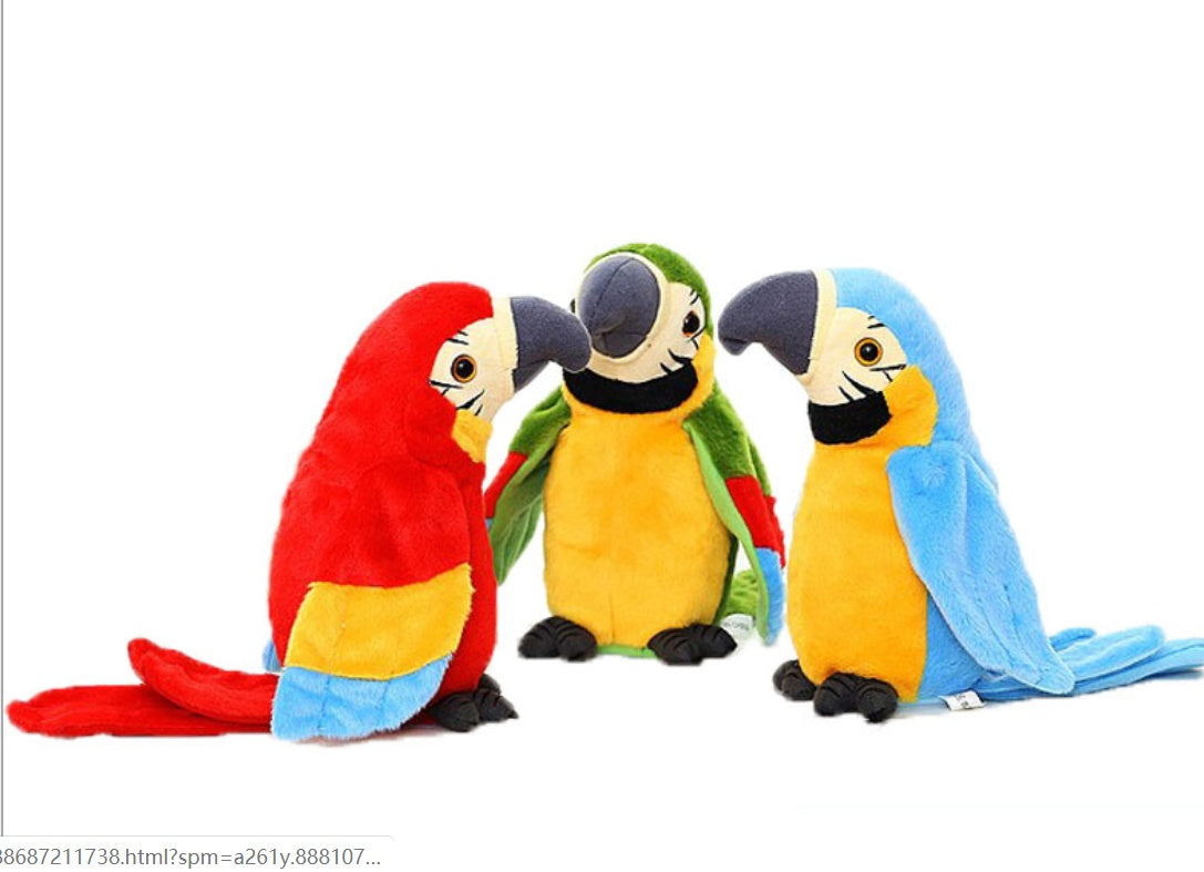 Three colorful stuffed parrot toys on a white background