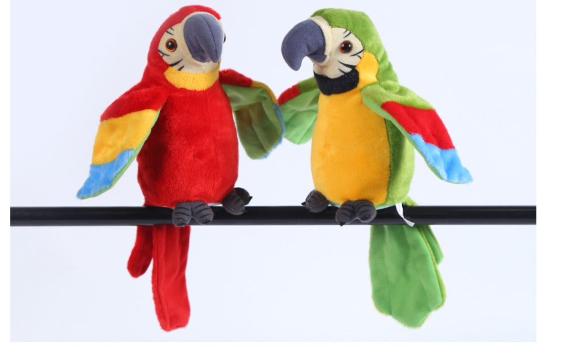 Two colorful parrot plush toys on a black wire against a white background