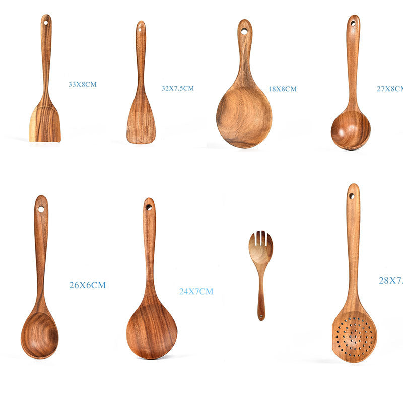 Set of wooden kitchen utensils with measurements on a white background