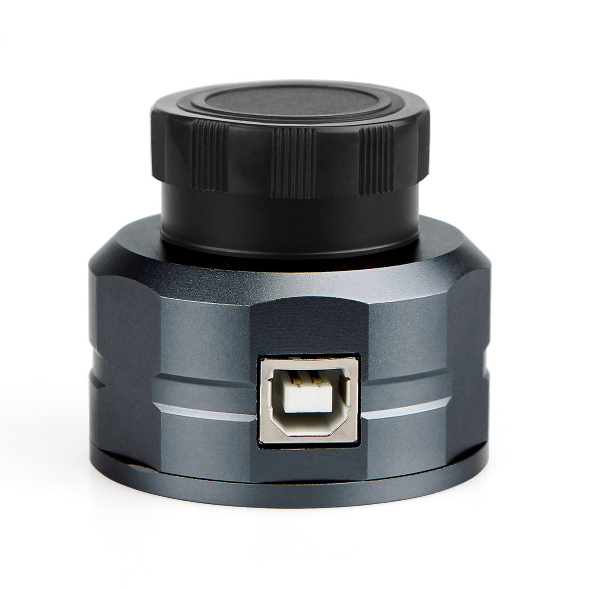Black and gray cylindrical device with a USB connector on a white background