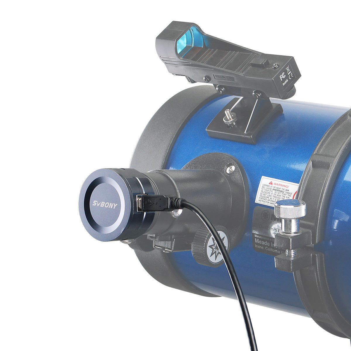 Blue telescope with electronic device attached on a white background