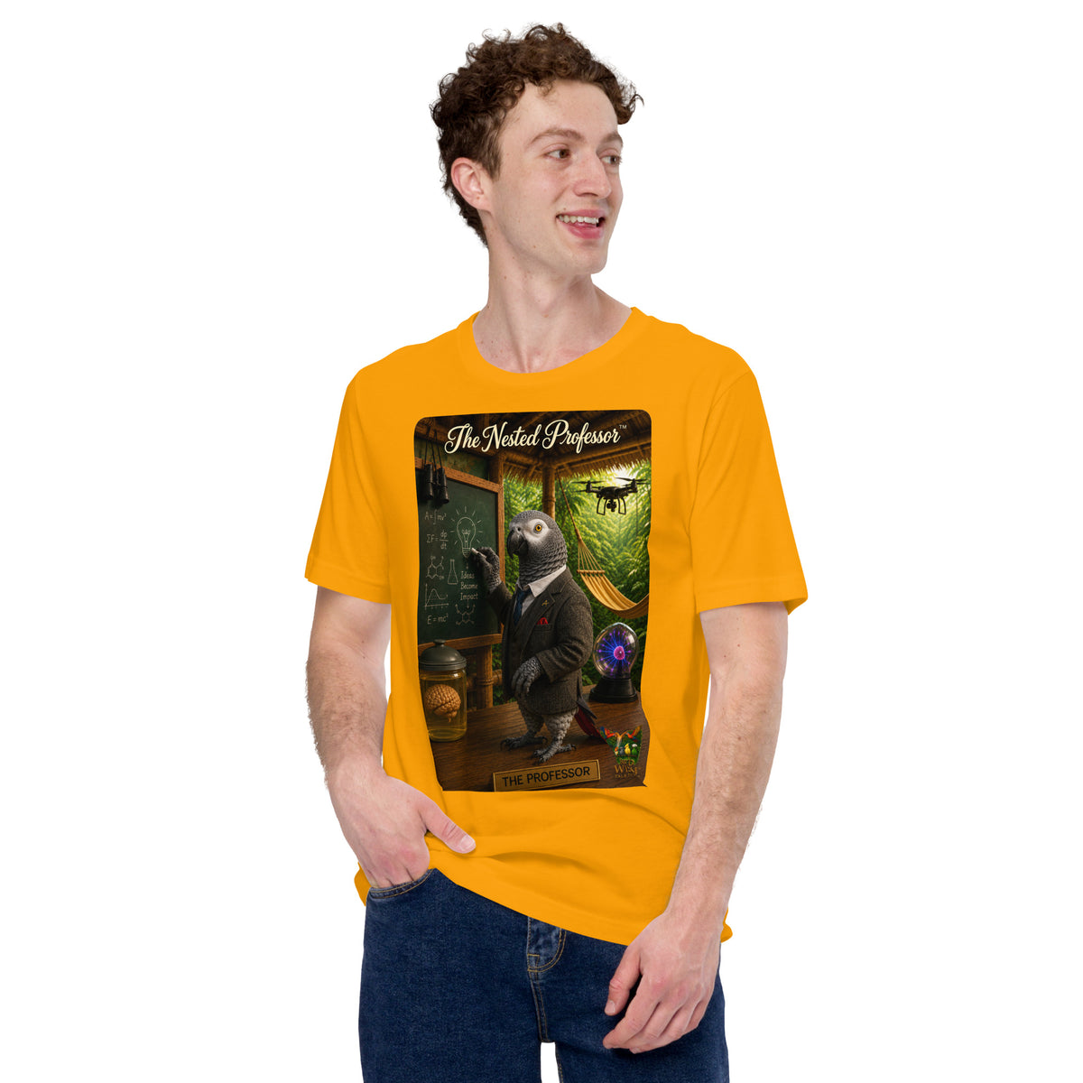 A man wearing a bright yellow t-shirt with a large graphic print of a bearded dragon labeled 'The Muted Professor', paired with blue jeans, set against a plain white background.