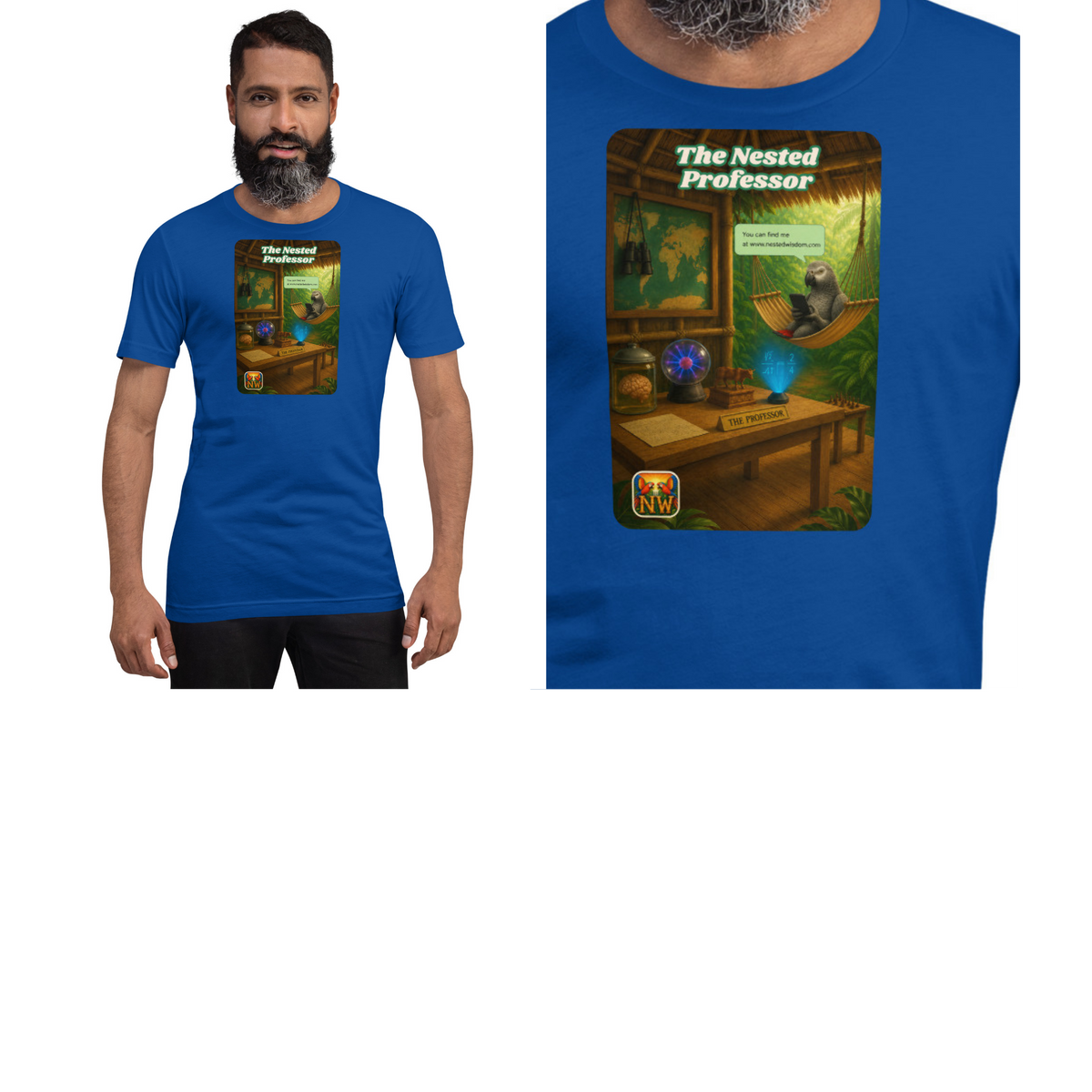Person wearing a blue t-shirt with 'The Nested Professor' graphic design.
