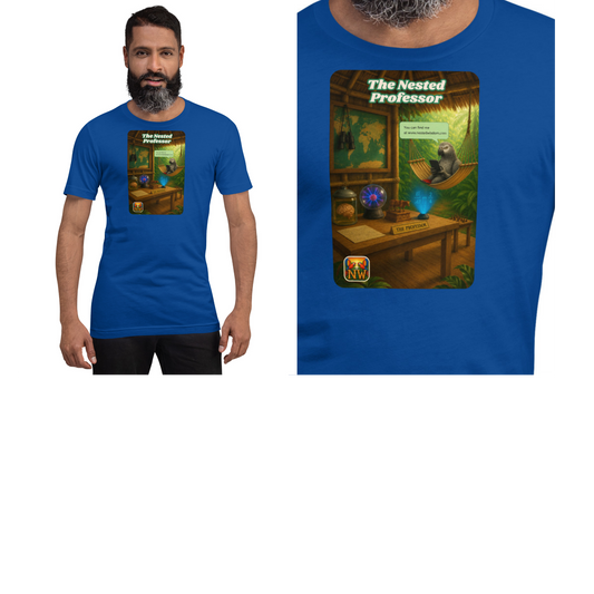 Person wearing a blue t-shirt with 'The Nested Professor' graphic design.