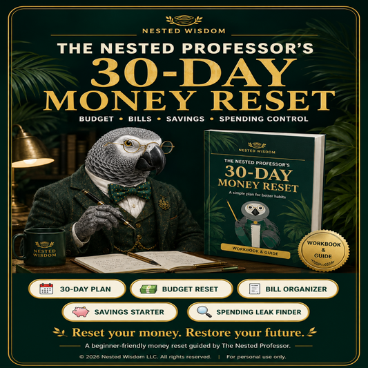 Book cover of 'The Nested Professor's 30-Day Money Reset' with a parrot character holding a book.