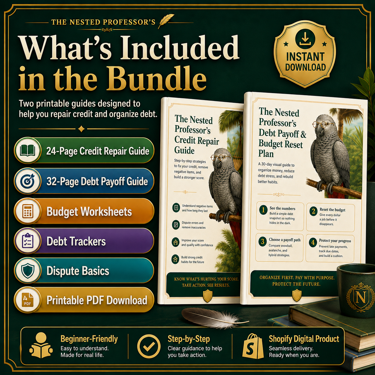 Promotional graphic for 'The Nested Professor's' credit repair and debt management bundle with book and parrot imagery.