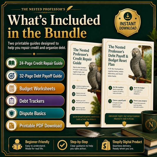 Promotional graphic for 'The Nested Professor's' credit repair and debt management bundle with book and parrot imagery.