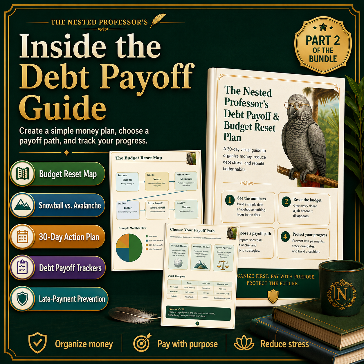 Promotional graphic for 'Inside the Debt Payoff Guide' by The Nested Professor, featuring a parrot illustration and promotional text.