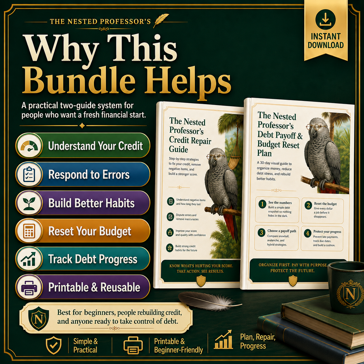 Promotional graphic for 'The Nested Professor's' financial guide bundle with books and a parrot illustration.