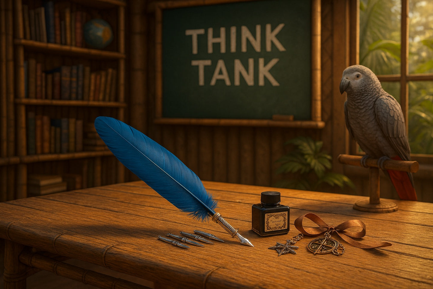 Vintage desk setup with a blue feather quill, inkwell, and parrot in front of a chalkboard with 'THINK TANK' text.