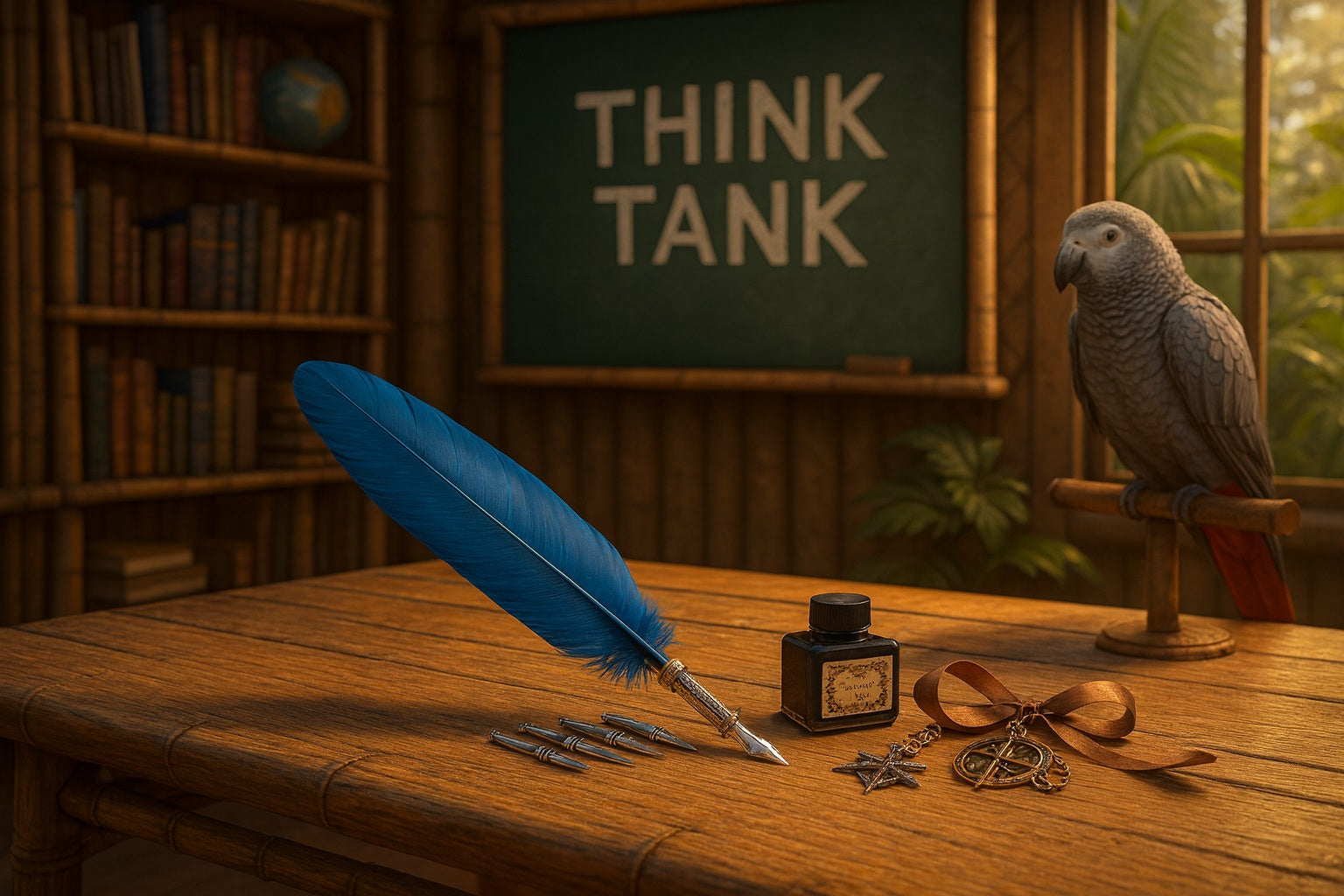 Vintage desk setup with a blue feather quill, inkwell, and parrot in front of a chalkboard with 'THINK TANK' text.