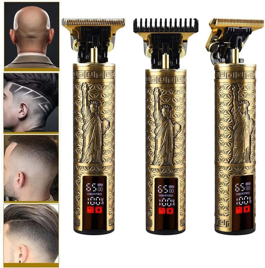 Three gold hair trimmers with detailed designs and digital displays, shown with side-by-side comparison of haircuts.