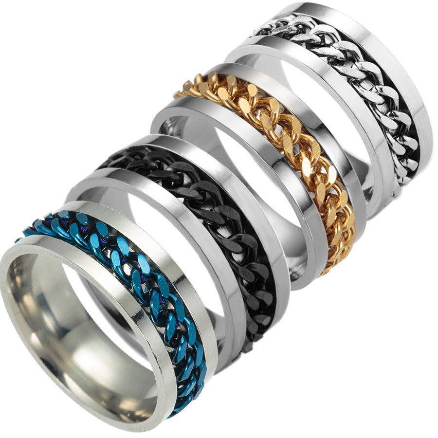 Set of five chain-link rings in various colors on a white background