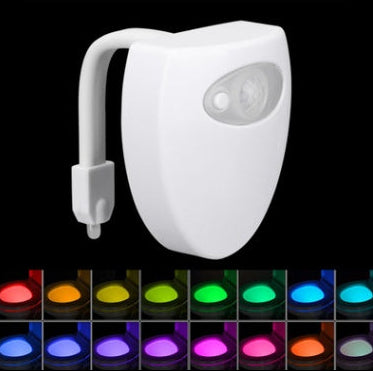 White LED light bulb with motion sensor on a black background, displaying colorful light effects below.