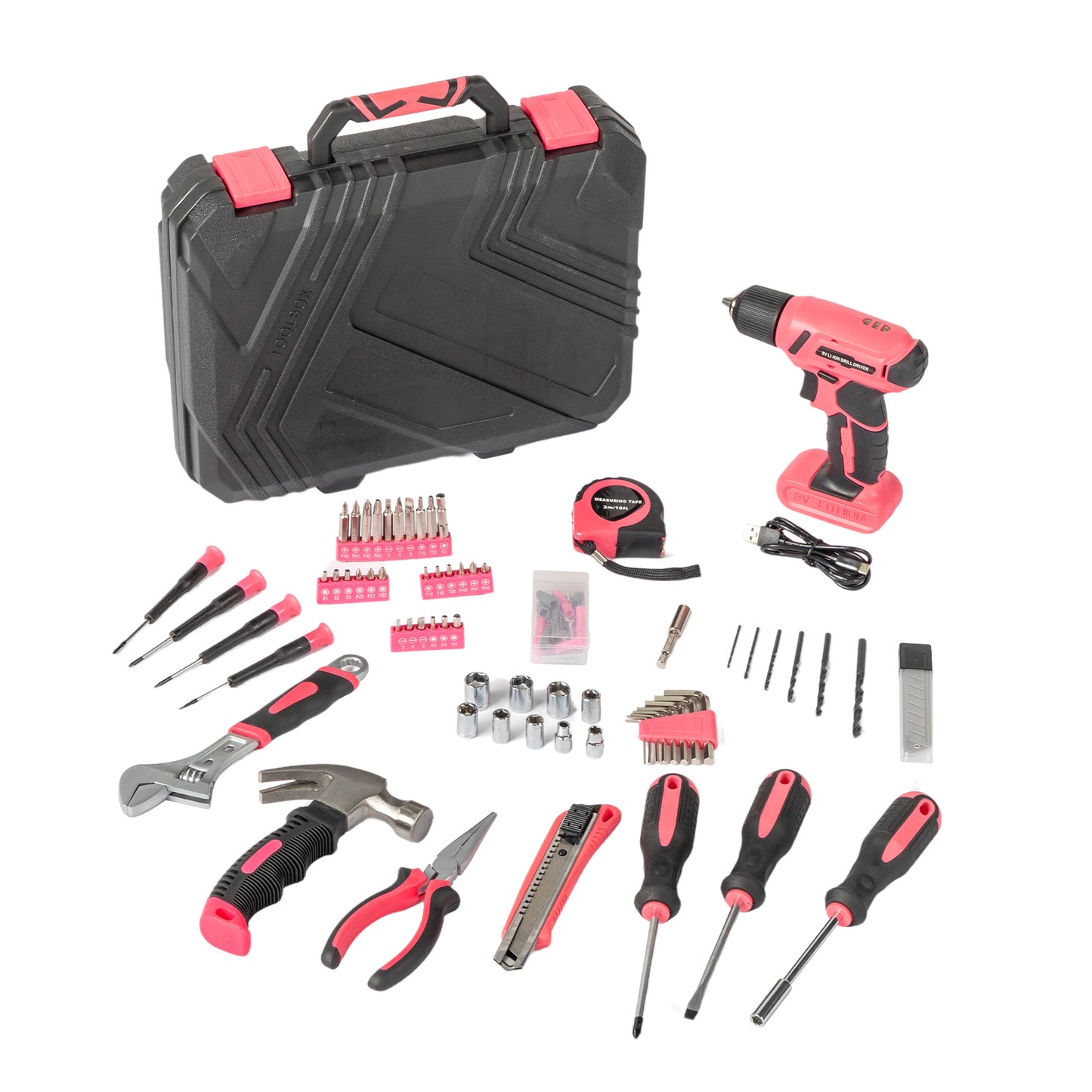 Tool kit with black and pink tools and accessories on a white background