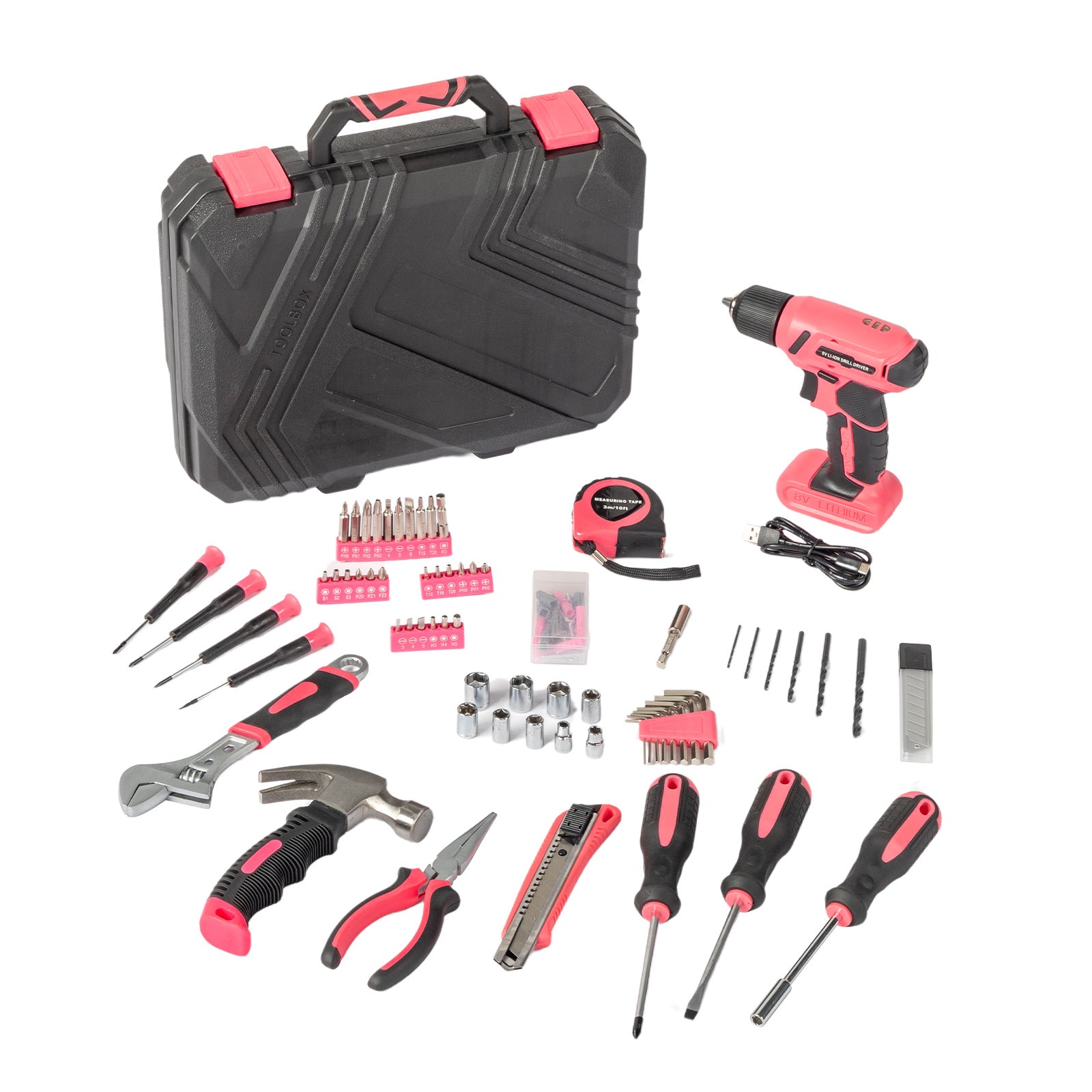 Tool kit with black and pink tools and accessories on a white background