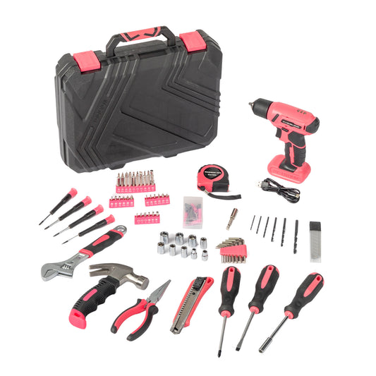 Tool kit with black and pink tools and accessories on a white background