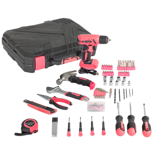 Pink and black tool set with drill, hammer, and various tools on a white background