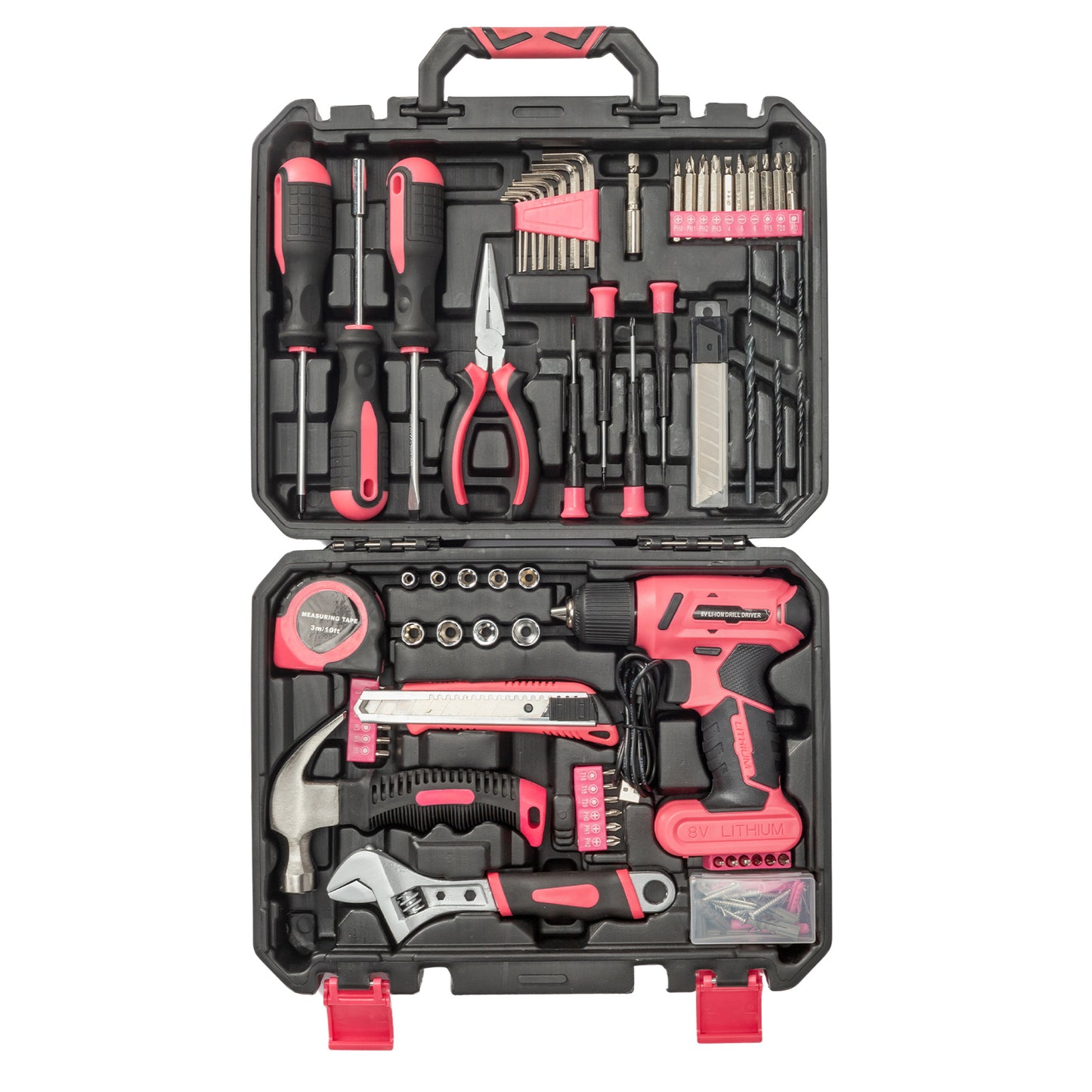 Open tool kit with various tools including a drill, wrench, and screwdrivers on a white background.