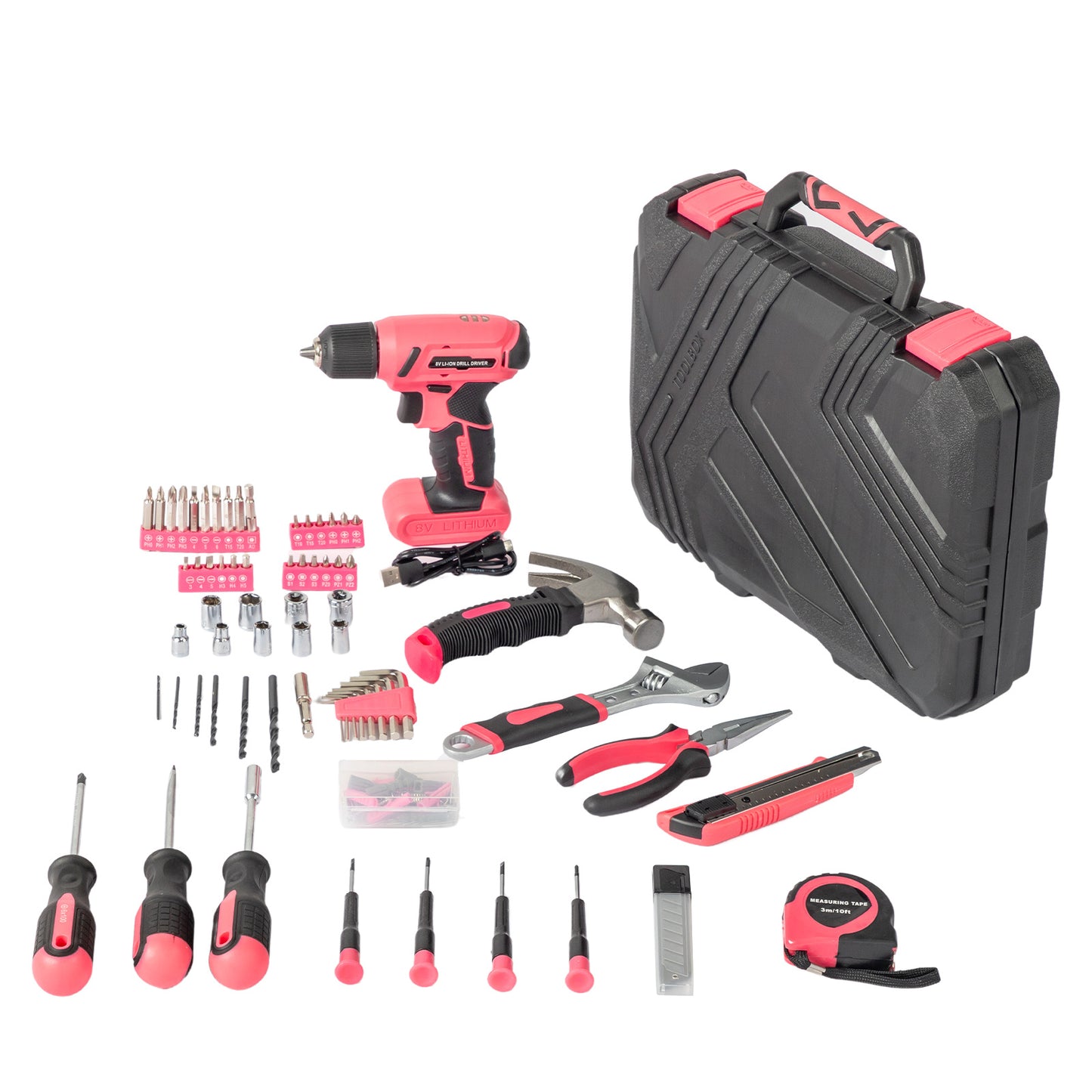 Tool kit with pink and black tools on a white background