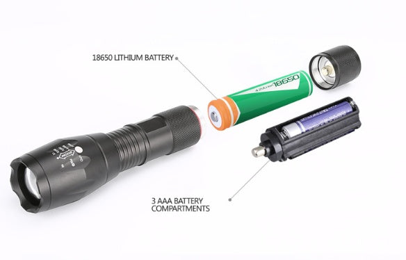 Flashlight with 18650 lithium battery and 3 AAA batteries on a white background