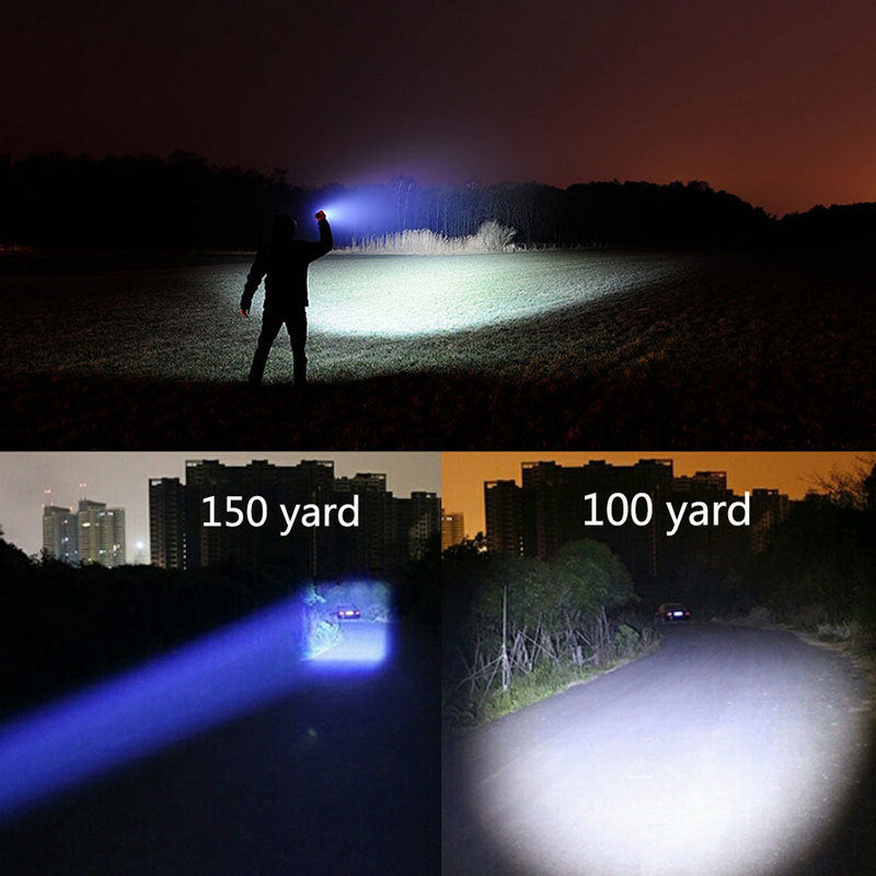 Person using a flashlight in a dark field with comparisons to city lights showing beam distances.