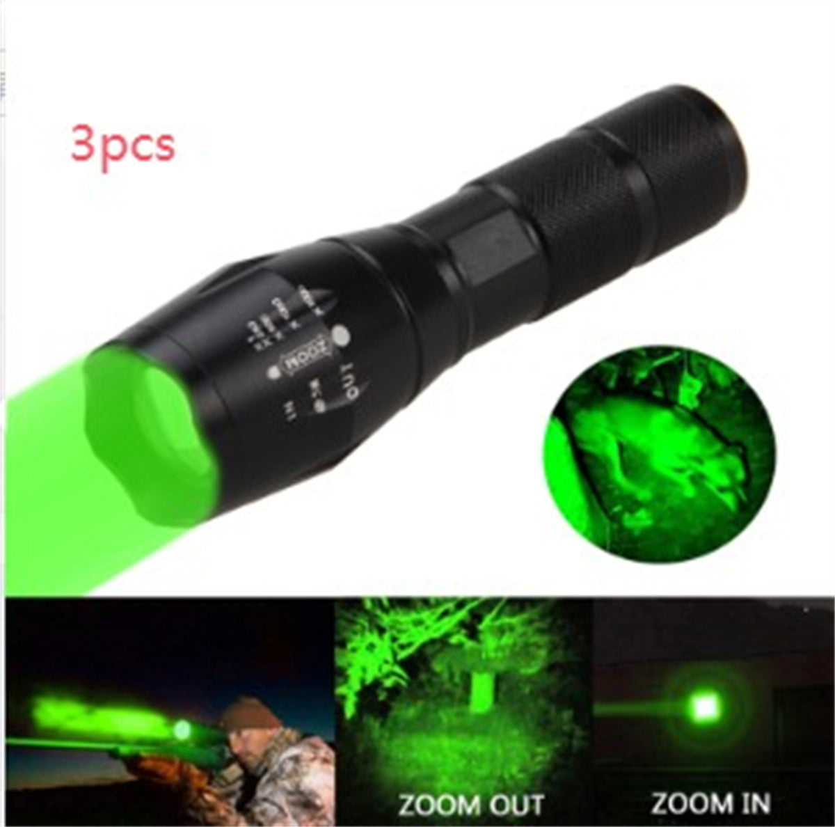 Black flashlight with green light output, zoom function, and inset images showing use.