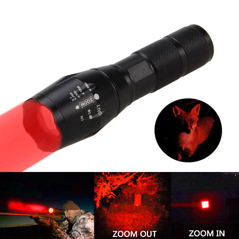 Black flashlight with red light feature, inset showing a fox in red light, and additional images of use.