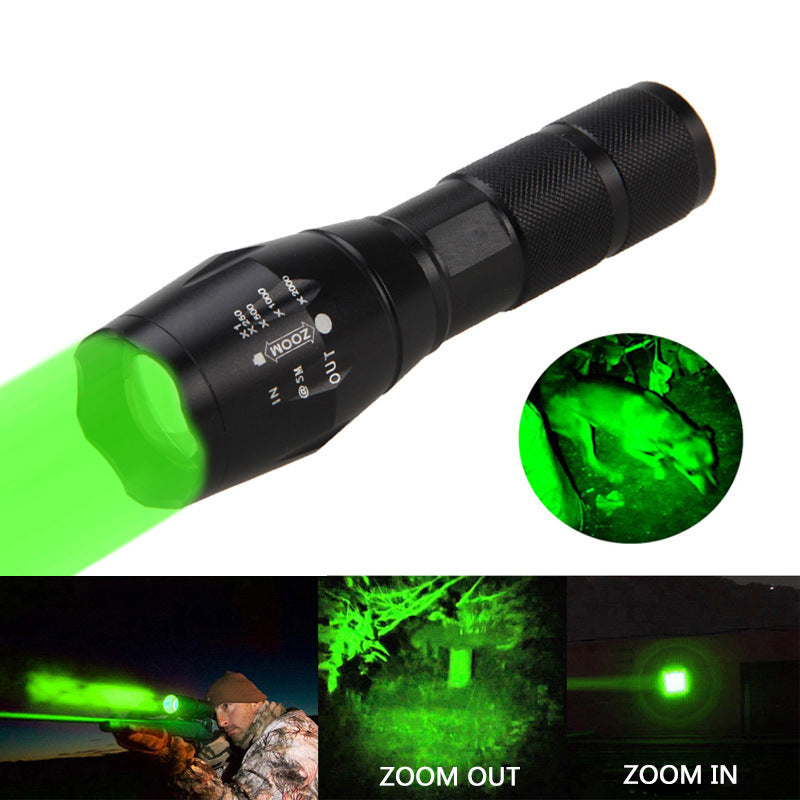 Black flashlight with green light output, inset images showing use in dark environments.